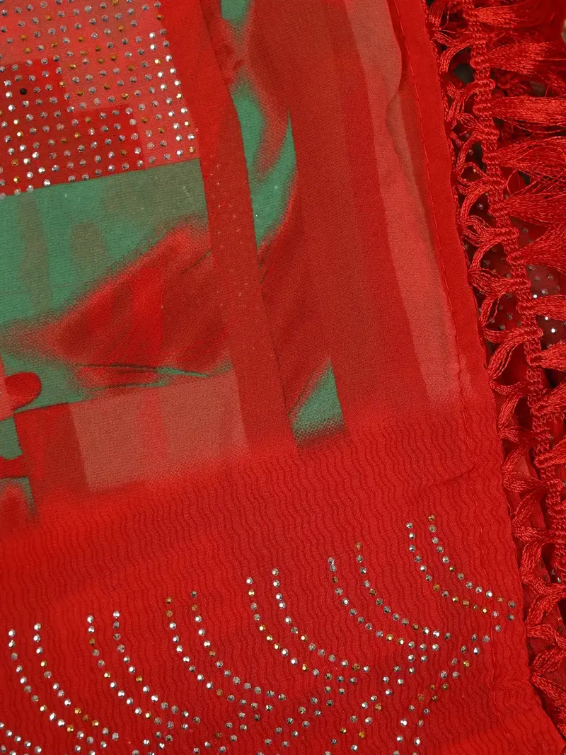 Red Geometric Checked Print With Beaded Synthetic Saree 2