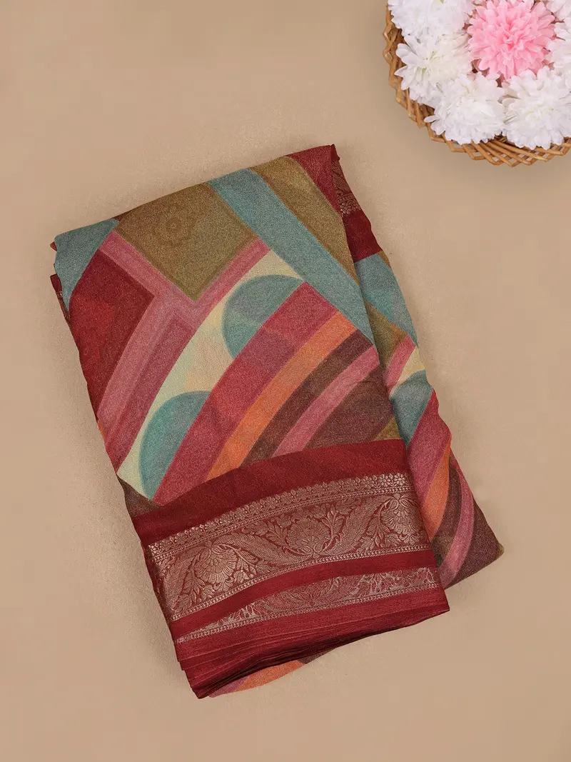 Red Geometric Design Linen Cotton Saree 1