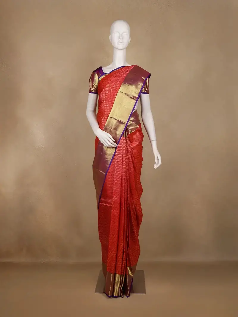 Red Geometric Diamond Woven Design Pure Kanchipuram Silk Saree 1
