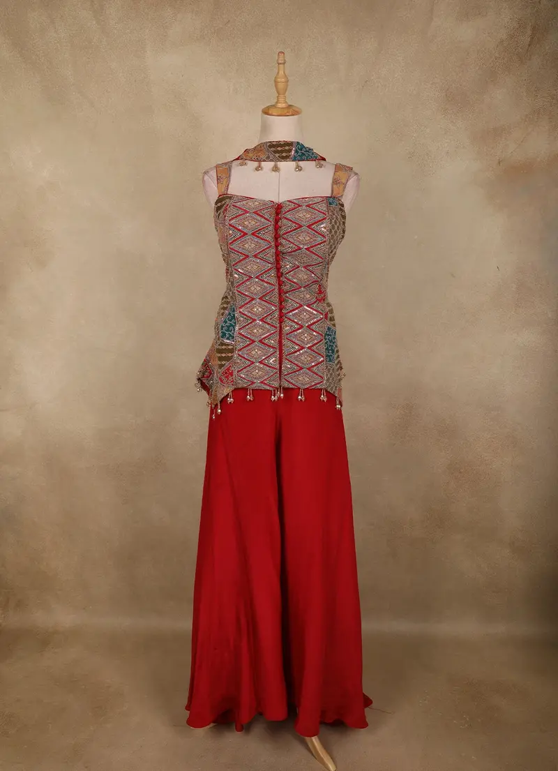 Red Geometric Embroidered Design Crepe Palazzo Suit With Dupatta 1