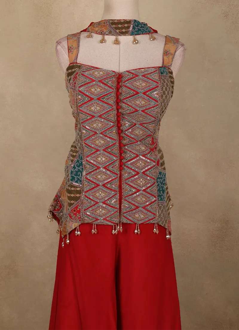 Red Geometric Embroidered Design Crepe Palazzo Suit With Dupatta 2