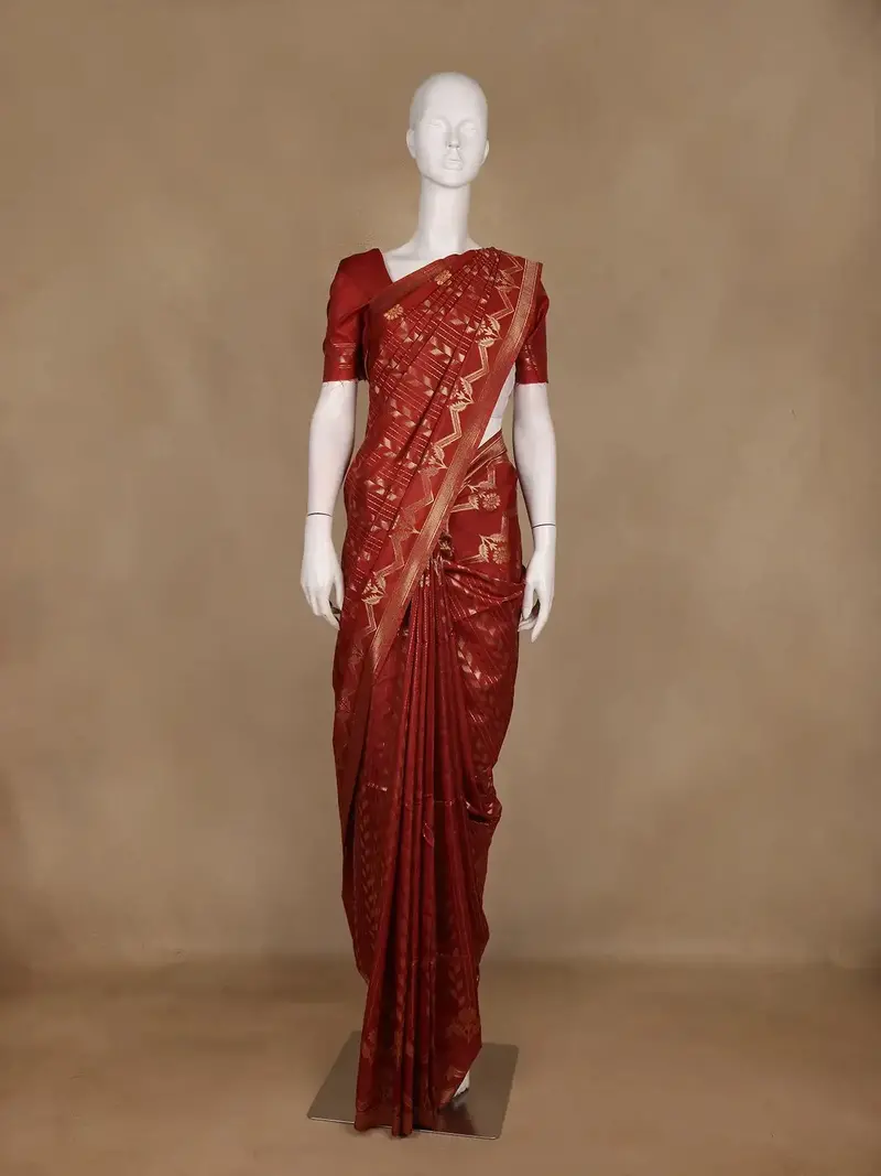 Red Geometric Floral Design Semi Tussar Silk Saree 1
