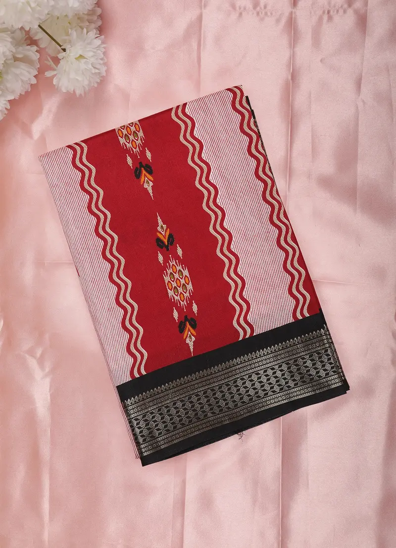 Red Geometric Ikat Woven Design Mixed Silk Cotton Saree With Contrast Border 1