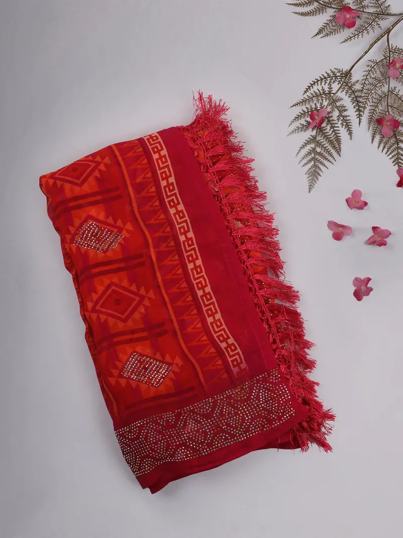 Red Geometric Printed Chiffon Saree With Stone Embellished Border 1