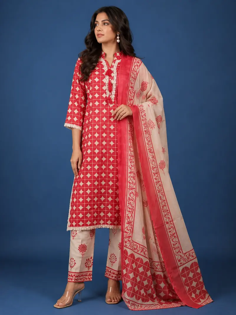 Red Geometric Printed Cotton Salwar Suit 1