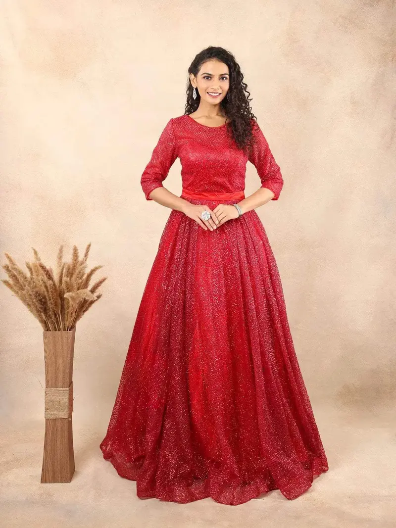 Red Glitter Net Ball Gown 1