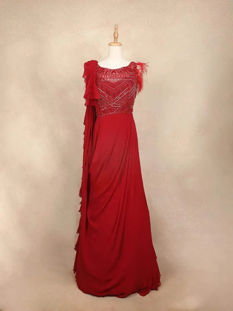 Red Gown With Sequins, Beads, Stripes And Ruffles 1
