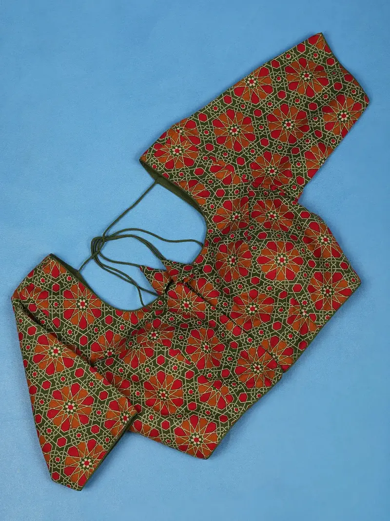 Red & Green Geometric Design Cotton Blouse 1