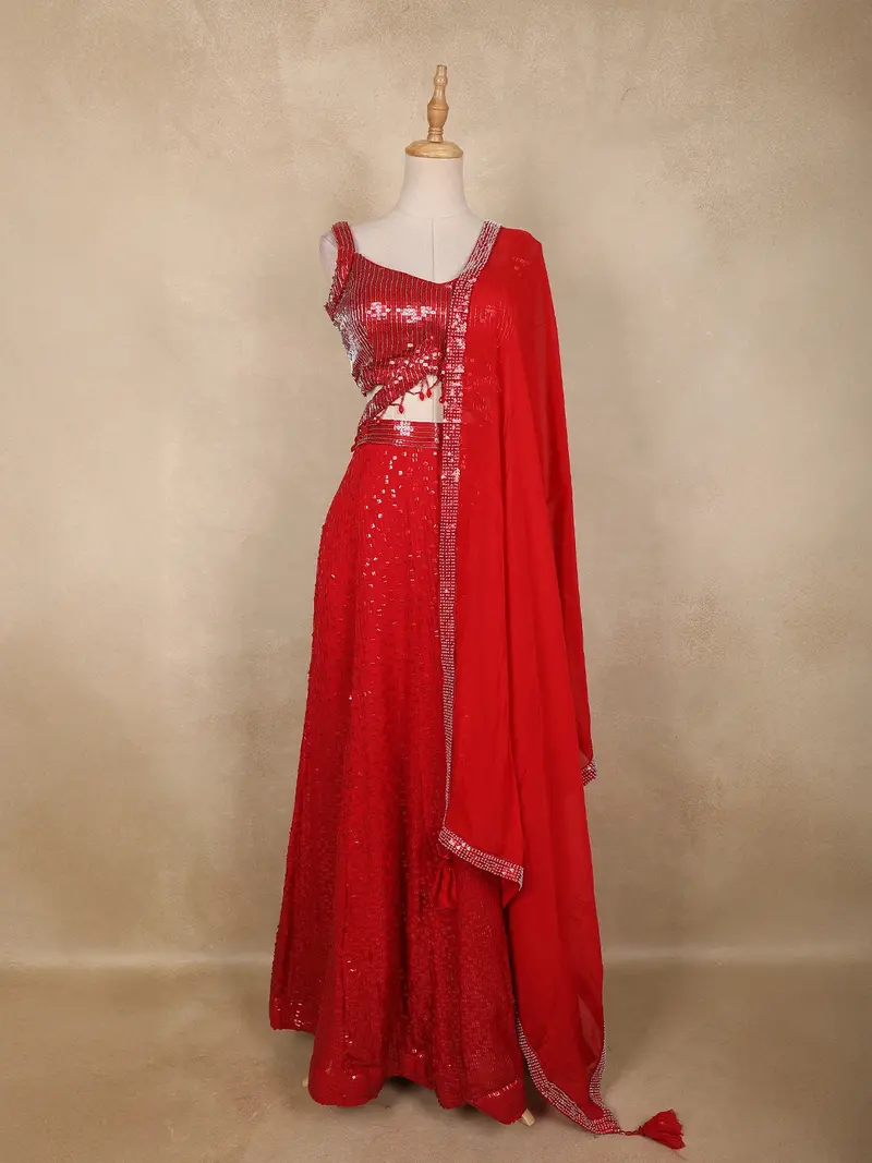 Red Heavy Sequins Embellished Design Georgette Lehenga With Dupatta 1