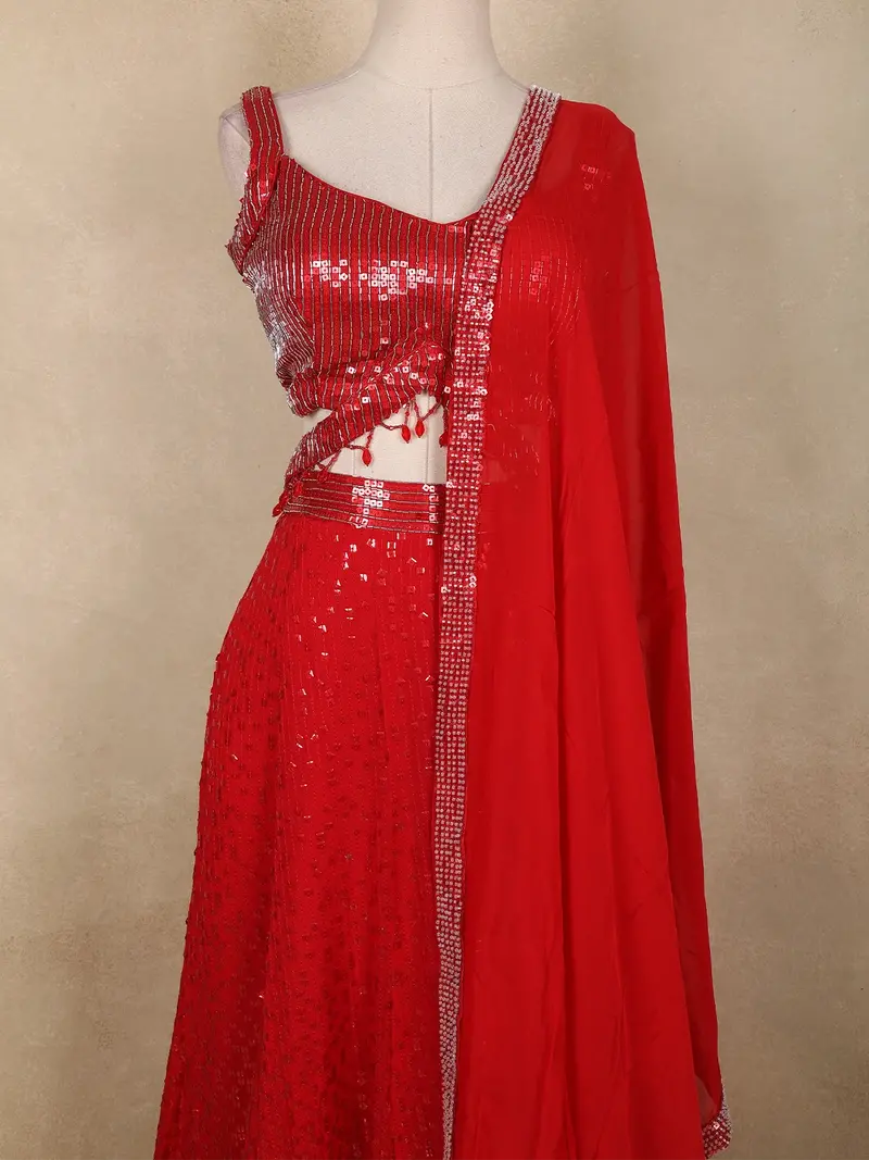 Red Heavy Sequins Embellished Design Georgette Lehenga With Dupatta 2