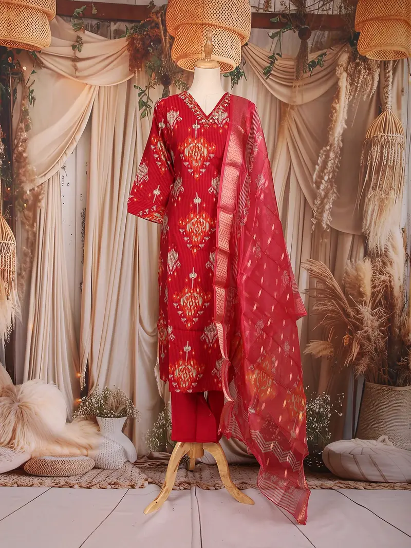 Red Ikat Printed Stripes Cotton Salwar Suit 1