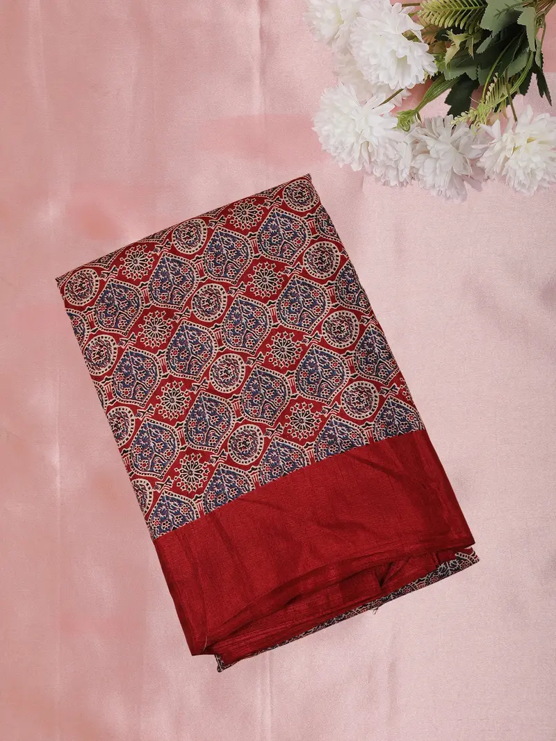 Red Kalamkari Printed Design Mixed Silk Cotton Fancy Saree 1