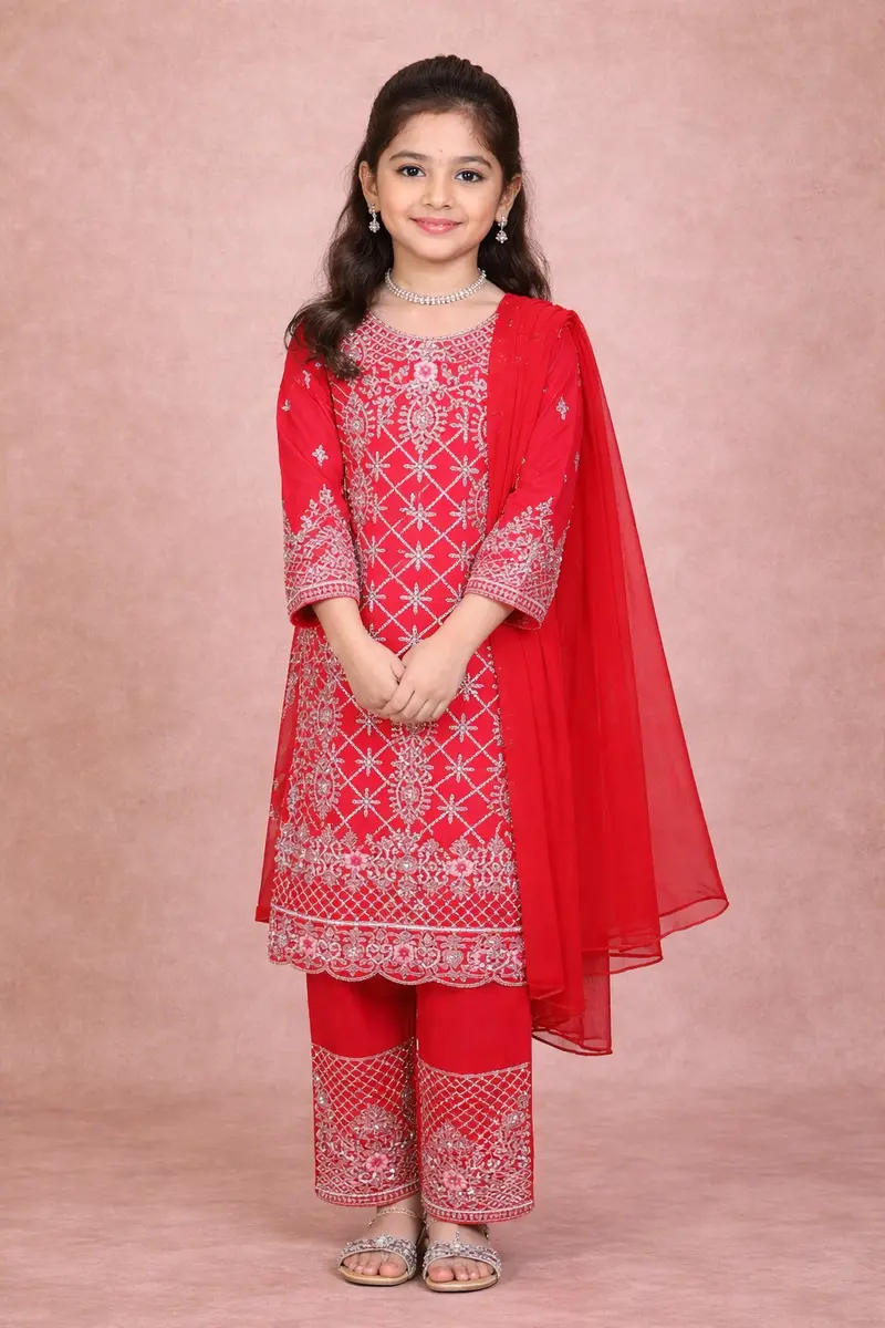 Red Kids Salwar Suit Embellished With Sequins And Stones Floral Design With Dupatta 1