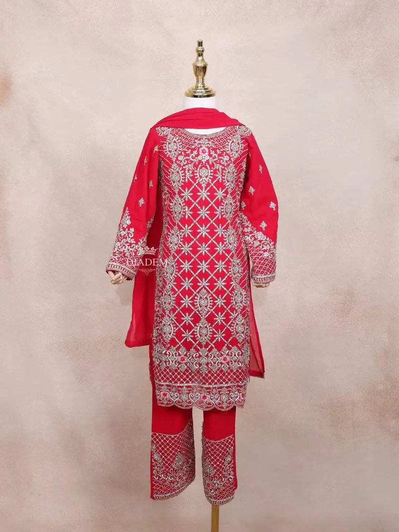 Red Kids Salwar Suit Embellished With Sequins And Stones Floral Design With Dupatta 2