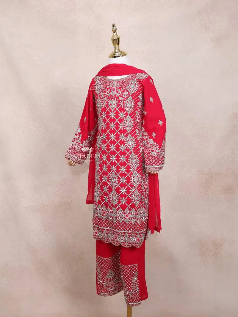 Red Kids Salwar Suit Embellished With Sequins And Stones Floral Design With Dupatta 3