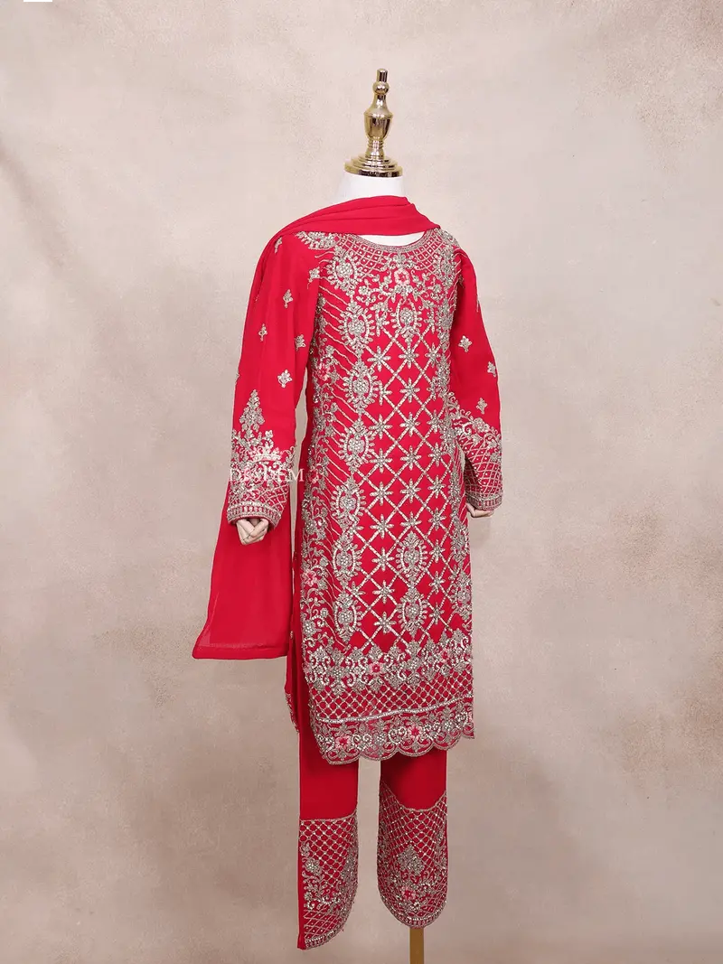 Red Kids Salwar Suit Embellished With Sequins And Stones Floral Design With Dupatta 4