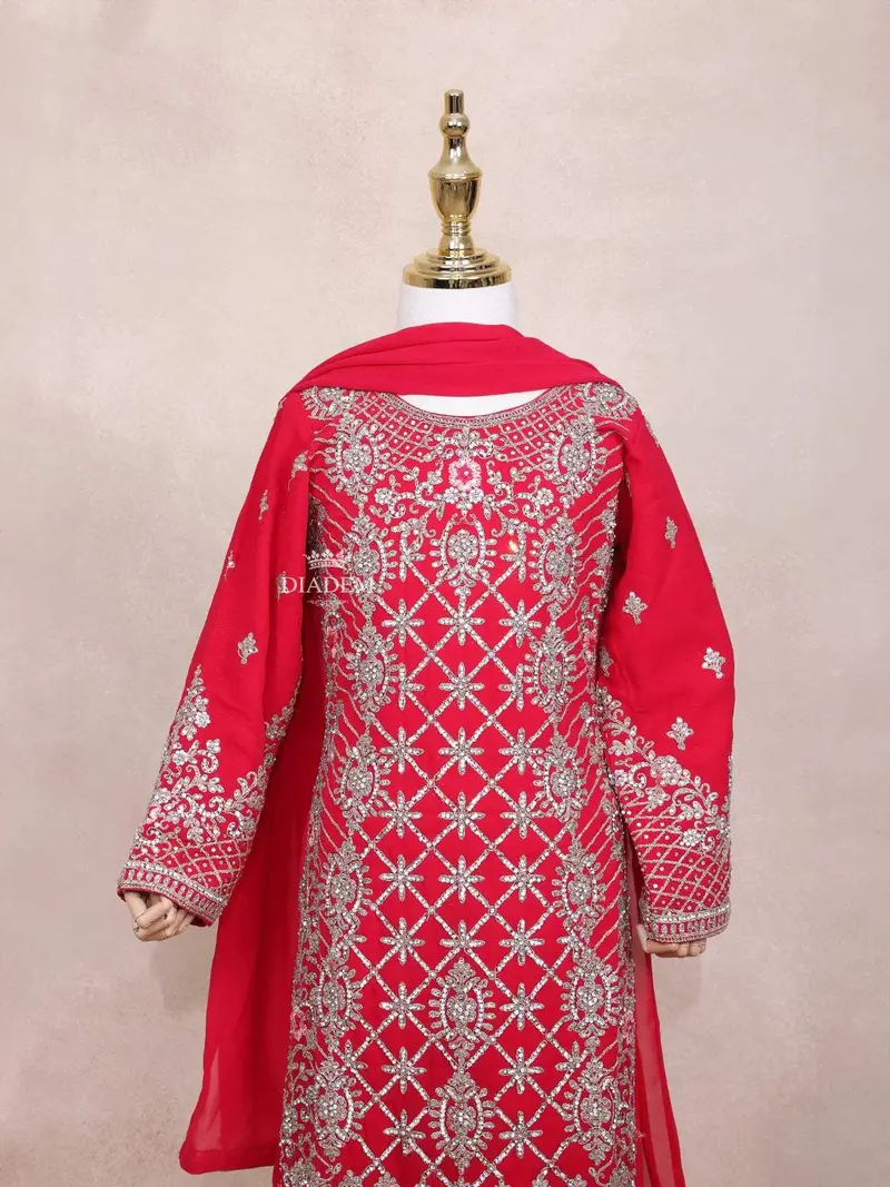 Red Kids Salwar Suit Embellished With Sequins And Stones Floral Design With Dupatta 5