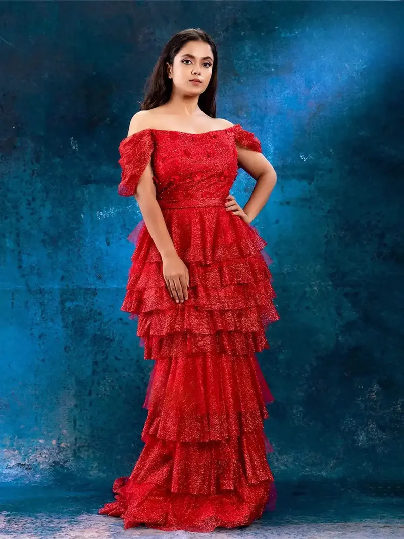 Red Layered With Flowers And Beads Gown 1