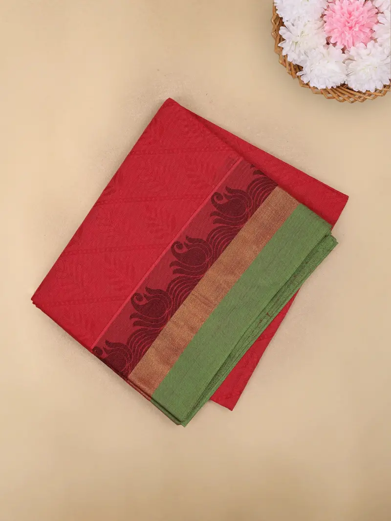 Red Leaf Woven Design Cotton Saree 1