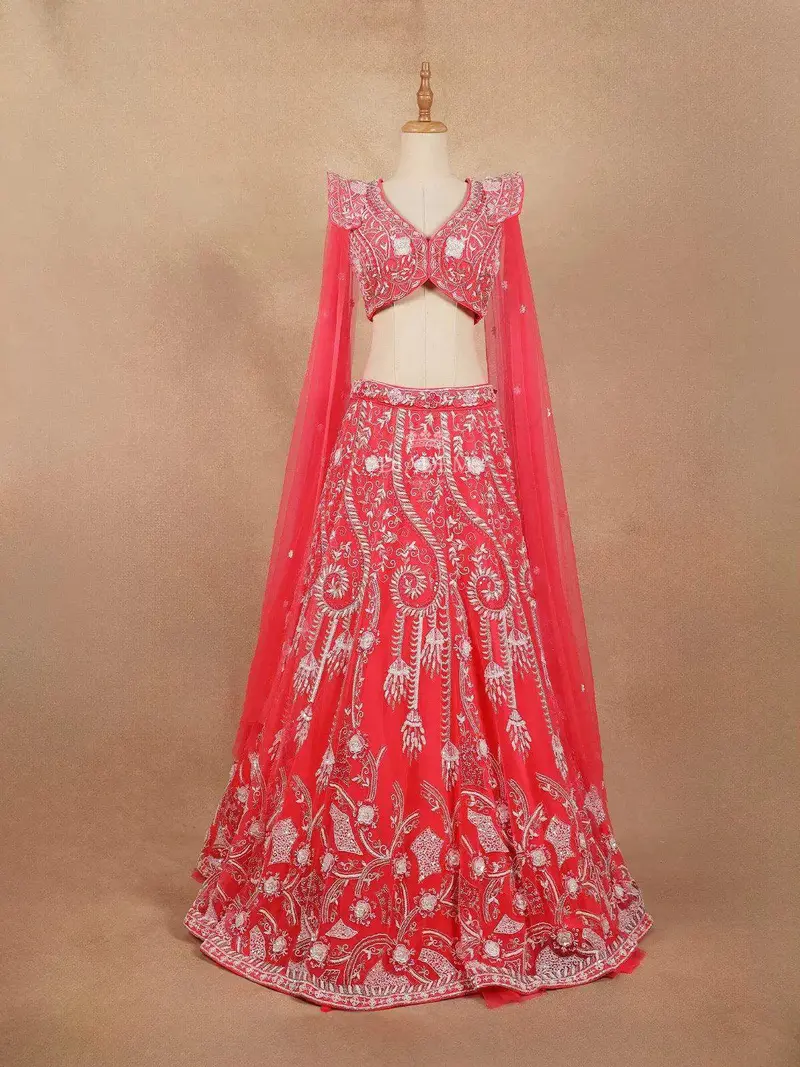 Red Lehenga Adorned With Sequins And Beads With 3D Flower Design With Dupatta 1