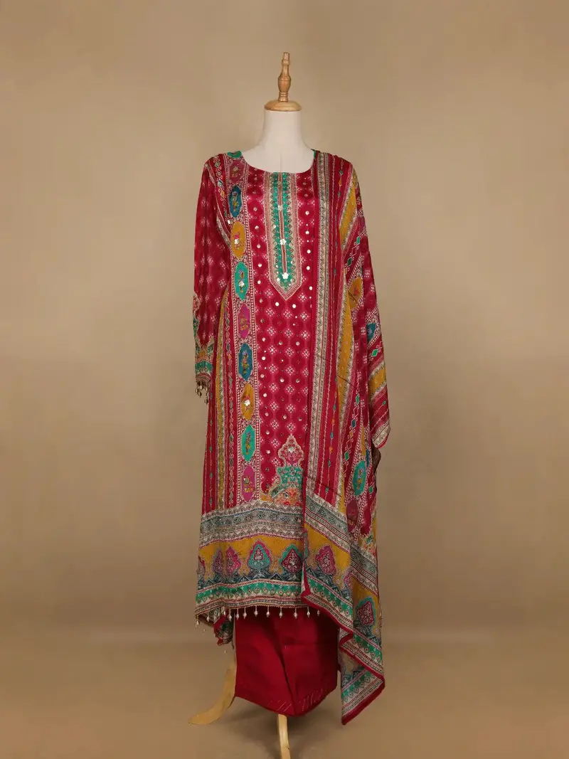 Red Mirror Designed Crepe Salwar Suit 1