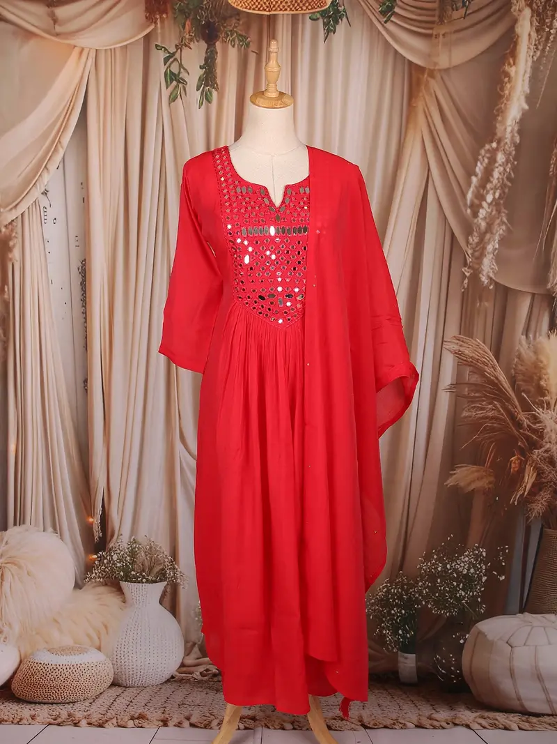 Red Mirror Embroidered Cotton Anarkali Salwar Suit With Dupatta 1