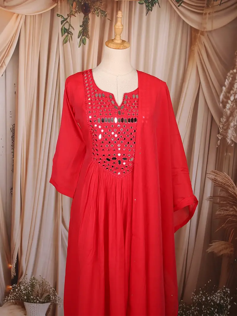 Red Mirror Embroidered Cotton Anarkali Salwar Suit With Dupatta 2