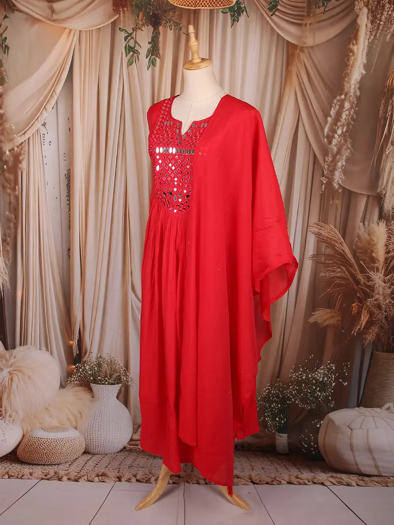 Red Mirror Embroidered Cotton Anarkali Salwar Suit With Dupatta 3