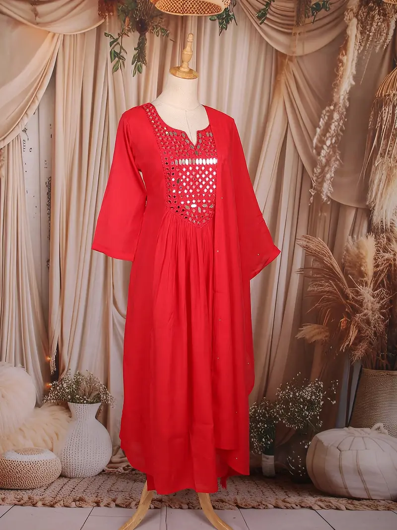 Red Mirror Embroidered Cotton Anarkali Salwar Suit With Dupatta 4