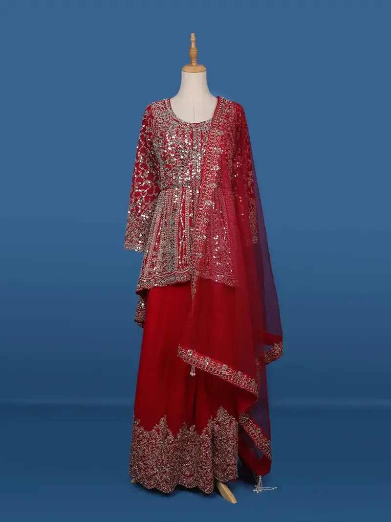 Red Mirror Embroidered Georgette Palazzo Salwar Suit 1