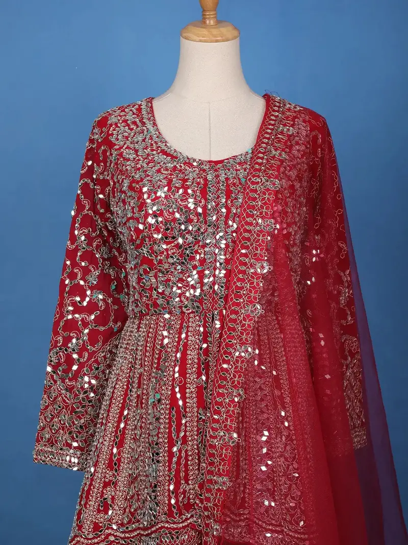 Red Mirror Embroidered Georgette Palazzo Salwar Suit 2