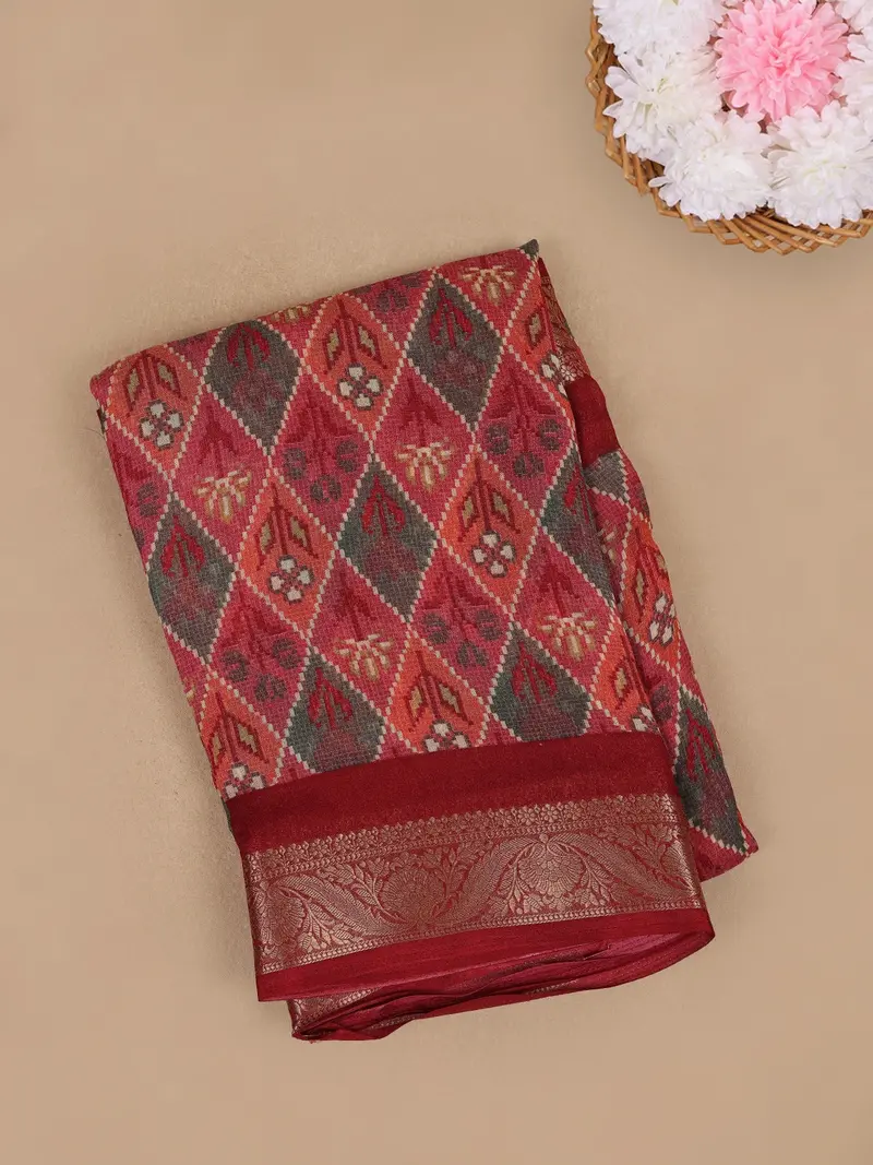 Red Multicolor Diamond Ikat Design Linen Cotton Saree 1
