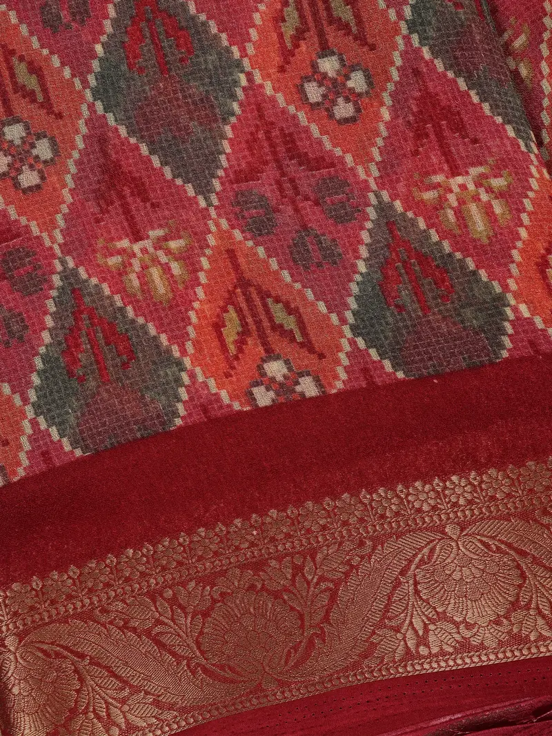 Red Multicolor Diamond Ikat Design Linen Cotton Saree 2