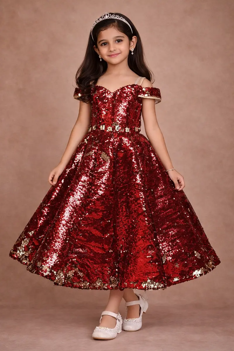 Red Net Box Pleat Gown Adorned With Allover Sequin Embellishments 1