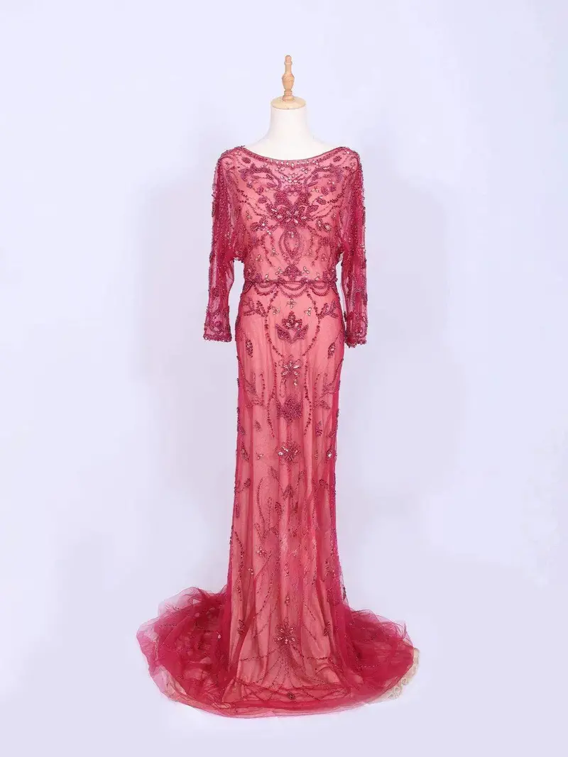Red Net Full Sleeves Gown Embellished With Floral Beads 1
