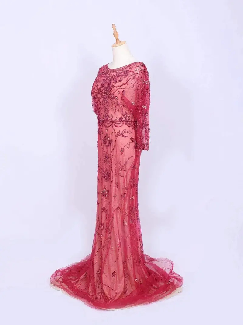 Red Net Full Sleeves Gown Embellished With Floral Beads 2