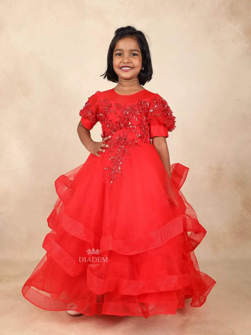 Red Net Gown Adorned With Floral Beads And 3D Flower Design Without Dupatta 1