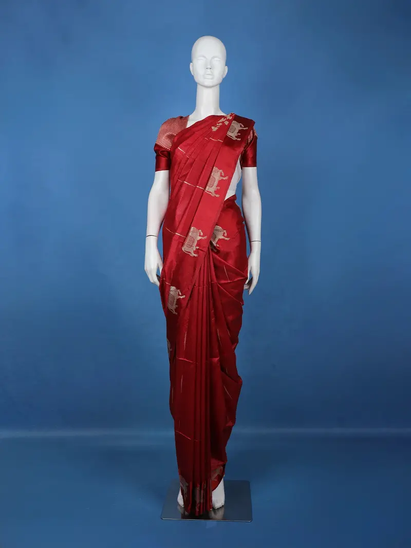 Red Obstacle Design Woven Semi Tussar Saree 1