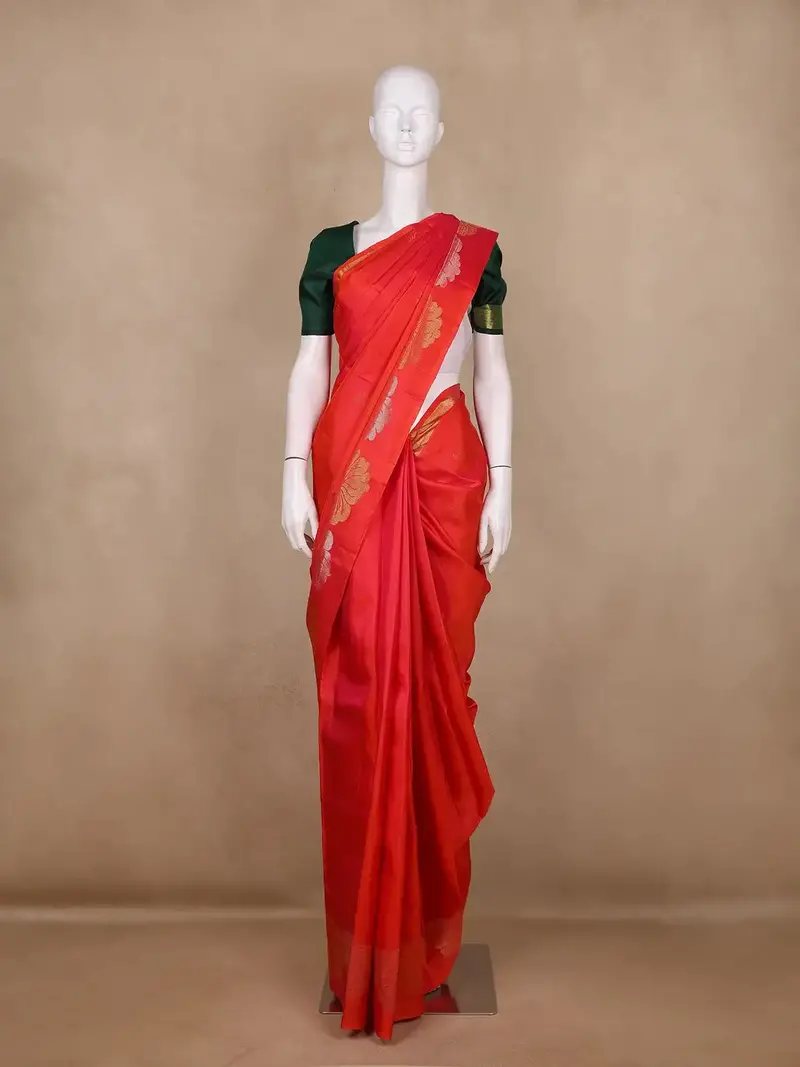 Red-Orange Floral Design Pure Kanchipuram Silk Saree 1