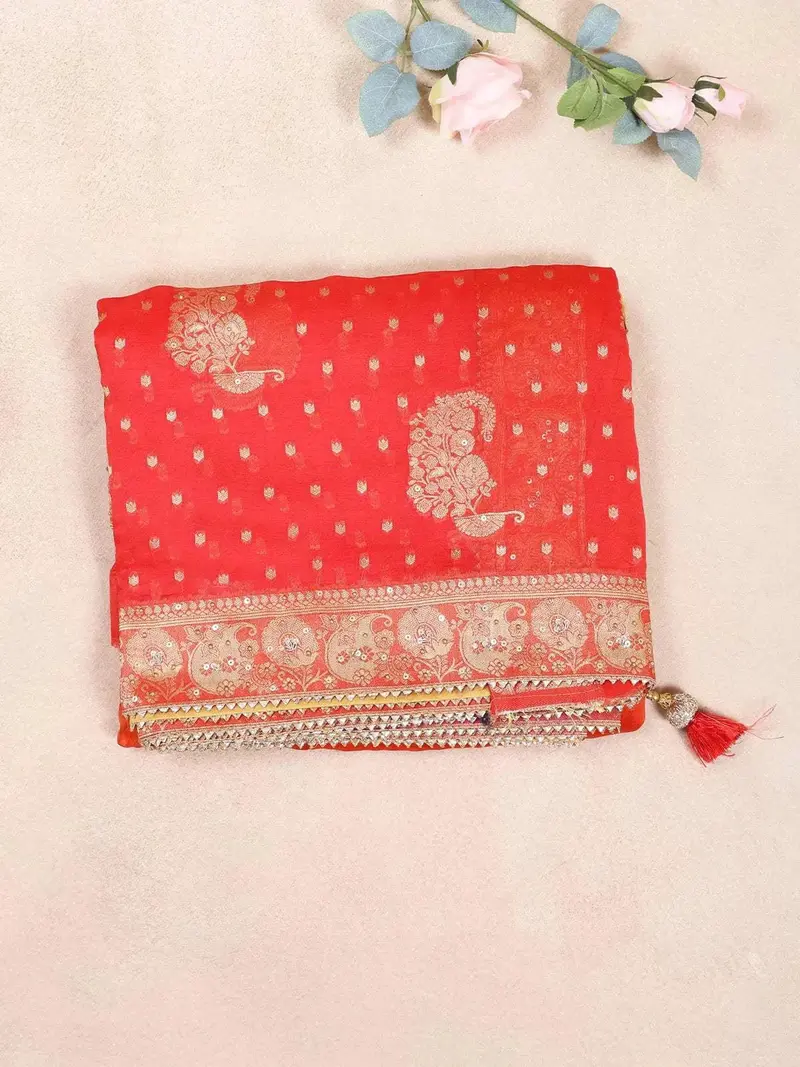 Red Orange Semi Banarasi Saree With Floral Designs On The Body And Zari Border 1