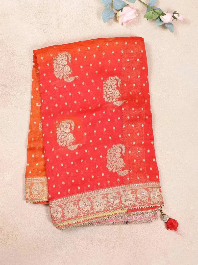 Red Orange Semi Banarasi Saree With Floral Designs On The Body And Zari Border 2