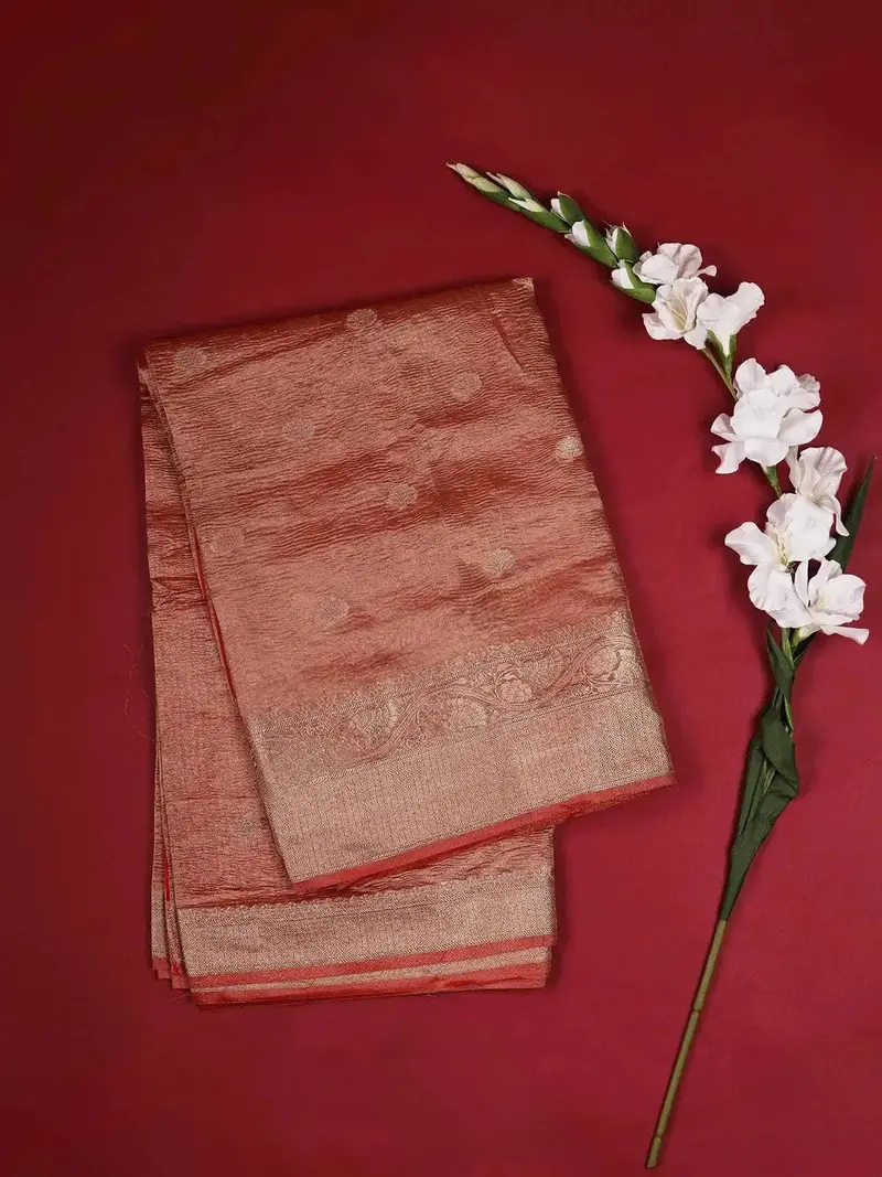 Red Organza Saree With Floral Pattern On The Body With Designed Border 1