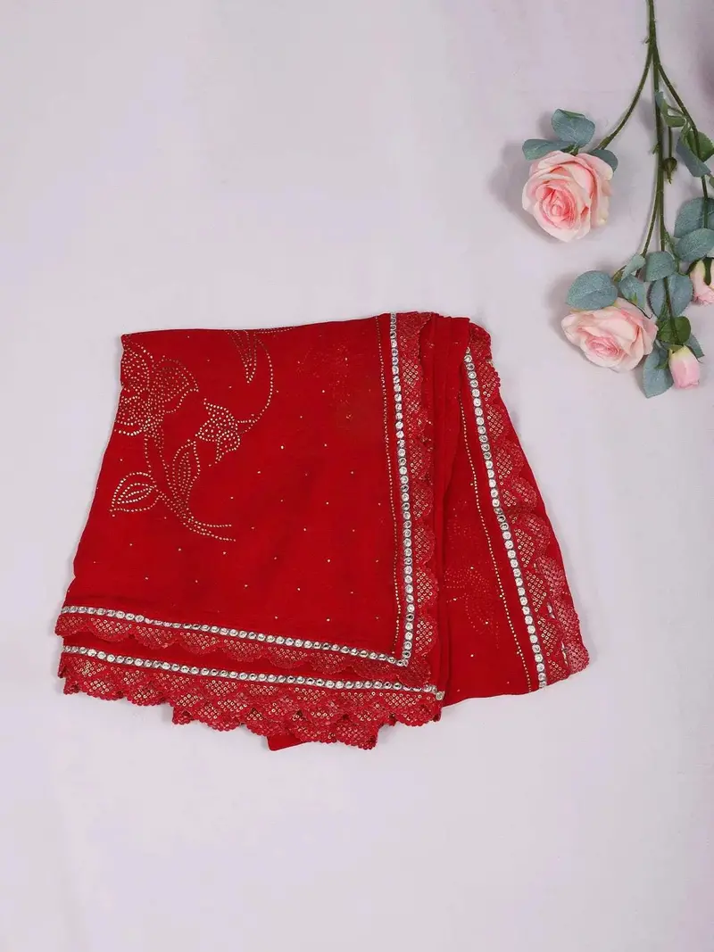 Red Organza Saree With Floral Prints On The Body And Embroidered Border Paired With Designer Blouse 2