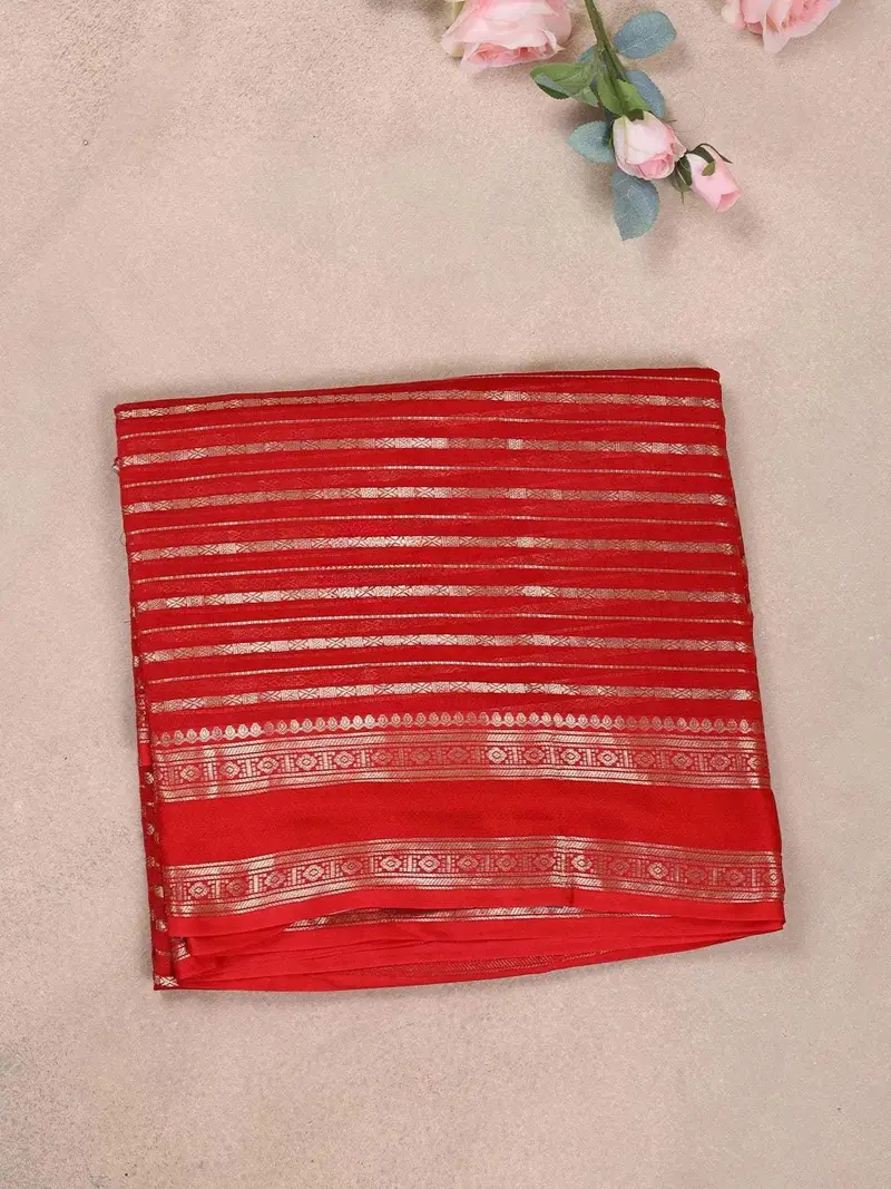Red Organza Saree With Stripes On The Body And Paired With Designer Blouse 1
