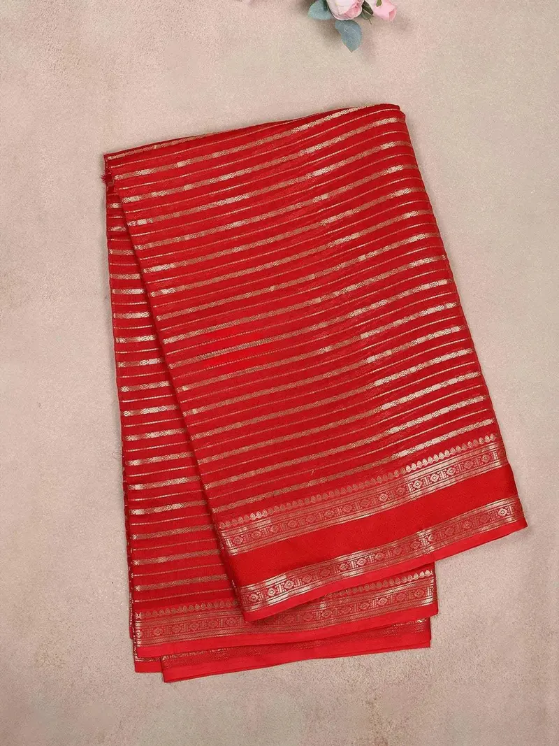 Red Organza Saree With Stripes On The Body And Paired With Designer Blouse 2