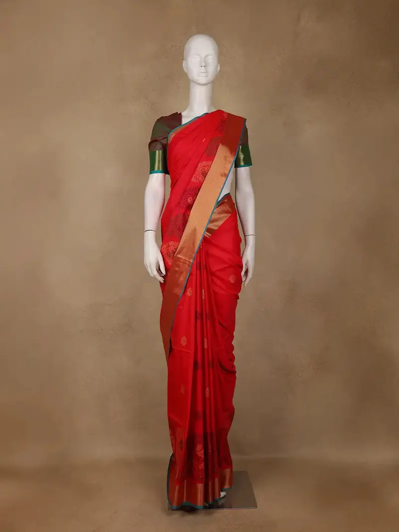 Red Paisley Designed Soft Silk Saree With Contrast Dark Green Blouse 1