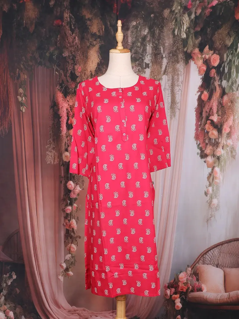 Red Paisley Printed Cotton Rayon Kurti 1