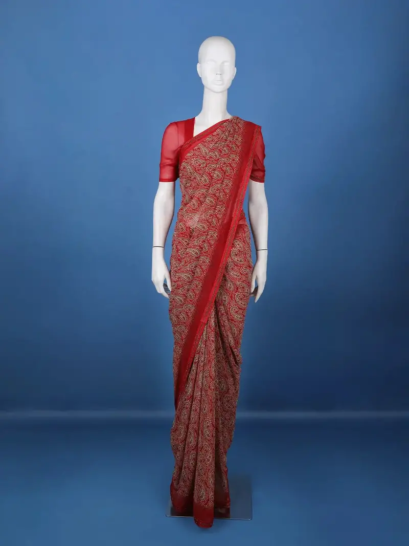 Red Paisley Printed Georgette Saree With Matching Blouse 1