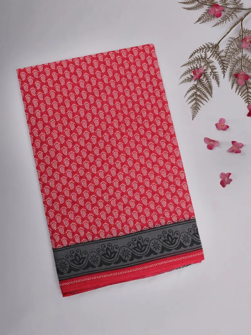Red Paisley Printed Karishma Cotton Saree With Black Ornamental Border 1