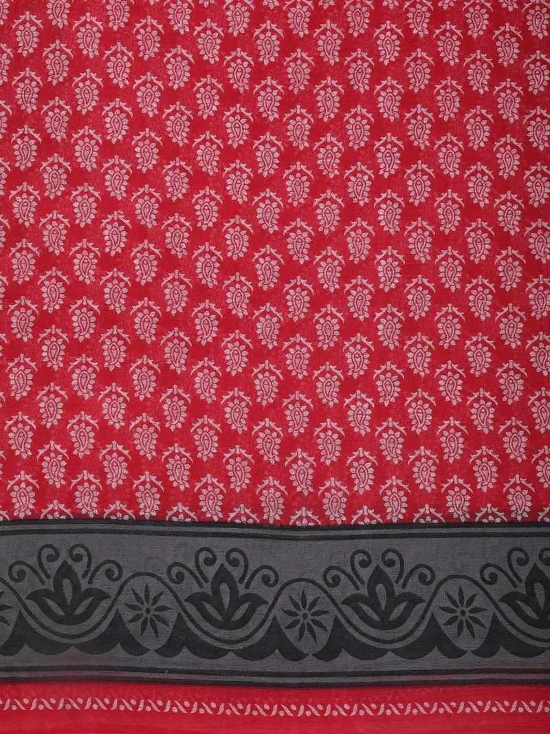 Red Paisley Printed Karishma Cotton Saree With Black Ornamental Border 2